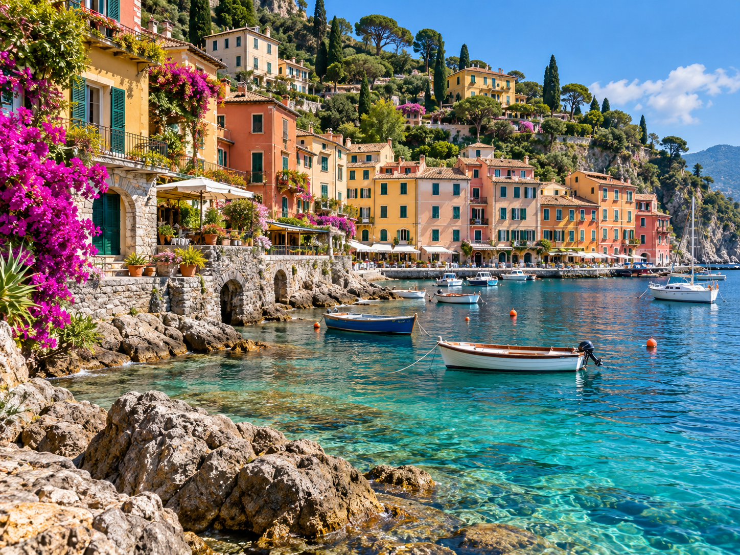Colorful coastal houses beside turquoise water